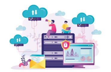 Man with laptop manages files and data in server. Worker with spyglass looking for errors in cloud server. User configure database. Concept of customization and cloud computing. Vector illustration